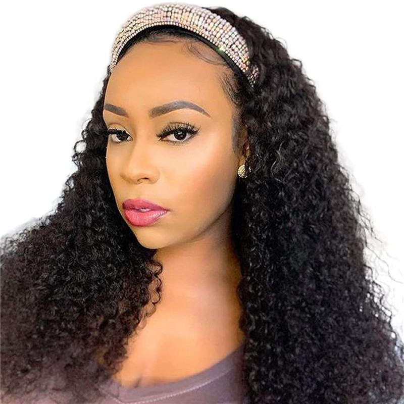 Kinky Curly Headband Wig Human Hair Wigs for Black Women Curly Headband Wigs Human Hair Glueless Brazilian Virgin Hair None Lace Front Wigs Remy Hair