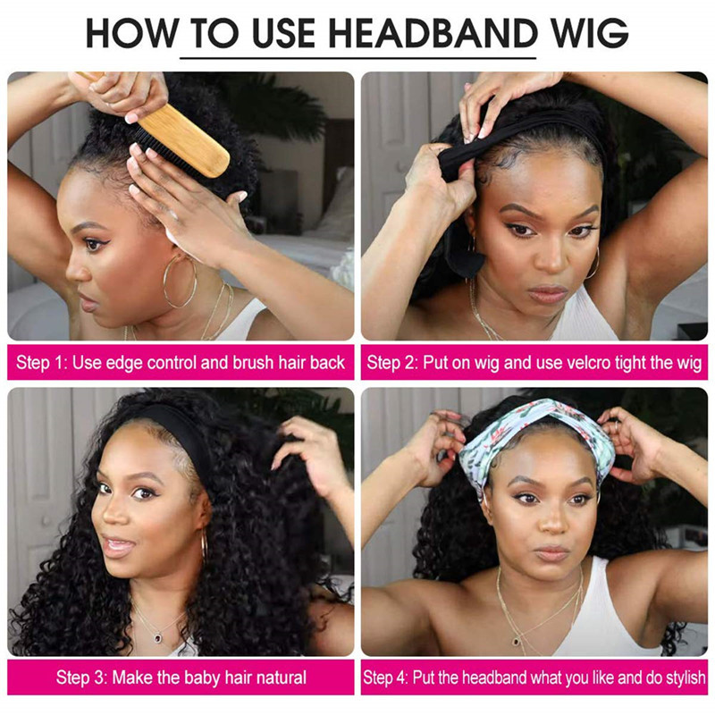Headband Wig Deep Wave 18 inch Human Hair Wigs None Lace Front Wigs Virgin Hair Machine Made Wigs curly hair Headband for Black Women