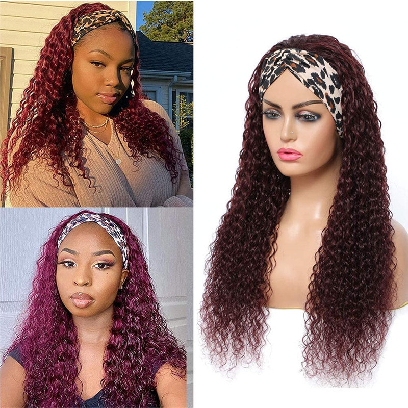 99j Headband Wig Water Wave Human Hair Red Color Headband Wigs for Black Women 10A Brazilian Red Burgundy Headband Wigs