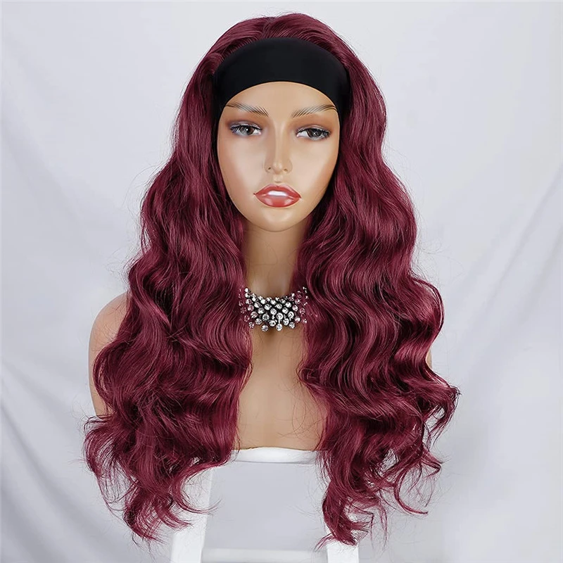 Long Wavy Headband Wig Highlight Red Color Body Wave Wigs for Black Women Girls Glueless Natural Looking High Density Heat Resistant Fiber Head