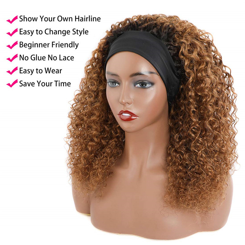 Highlighted Blonde  HeadBand Wig Curly Human Hair Wigs for Black Women Brazilian 10A Human Hair None Lace Front Water Wave Wigs Machine Made Wigs
