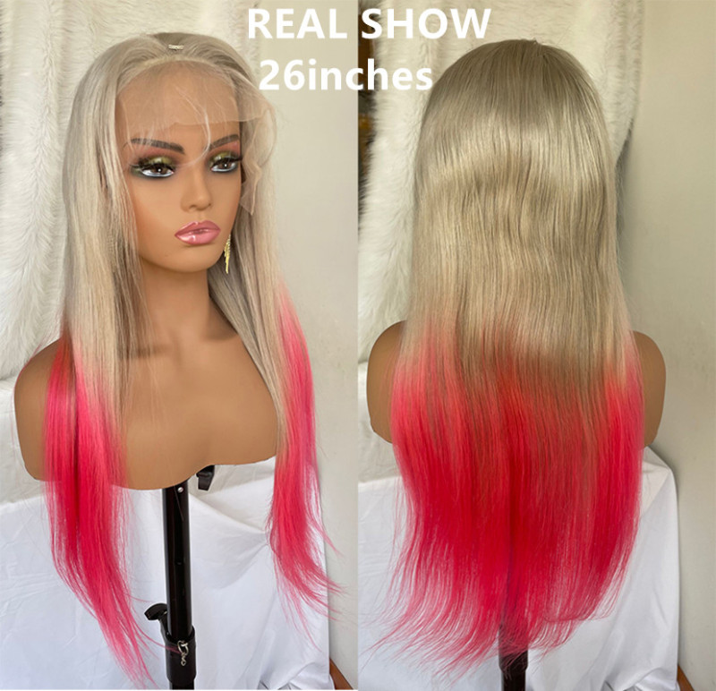 Straight 13x4 Pink Grey Lace Front Wig Peruvian Remy Ombre Lace Front Wig 13x4 Colored Human Hair Wigs For Women