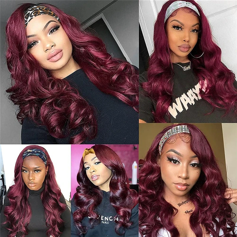 Long Wavy Headband Wig Highlight Red Color Body Wave Wigs for Black Women Girls Glueless Natural Looking High Density Heat Resistant Fiber Head