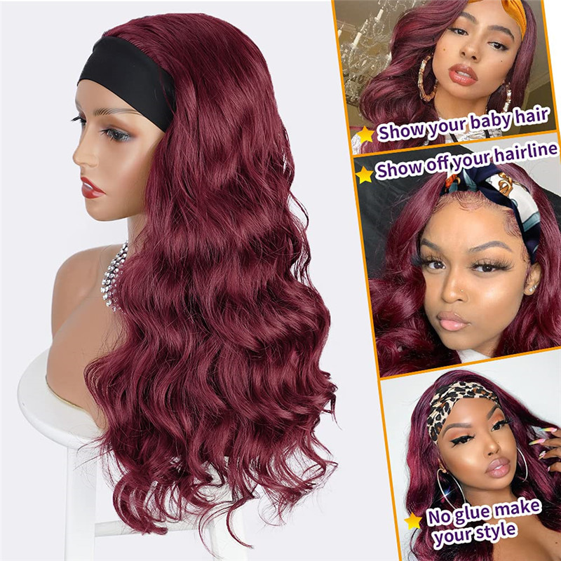 Long Wavy Headband Wig Highlight Red Color Body Wave Wigs for Black Women Girls Glueless Natural Looking High Density Heat Resistant Fiber Head