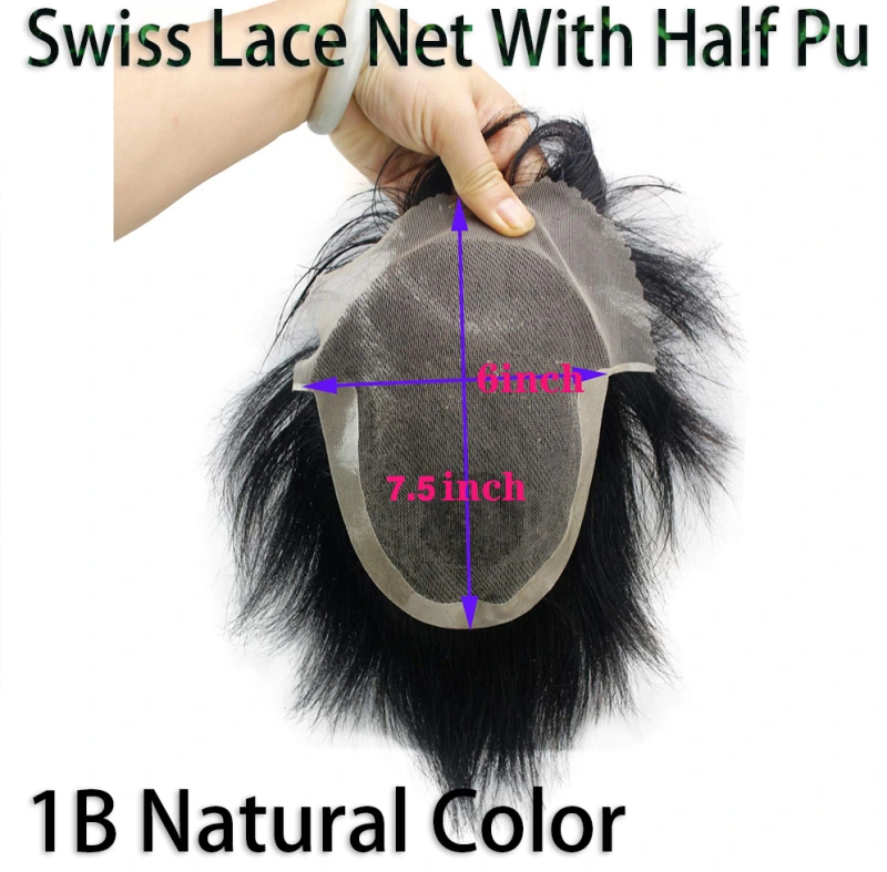 Hairpieces Replacement System For Men Swiss Lace Net With Half Pu Around Hair 100% European Remy Human Hair 10x8