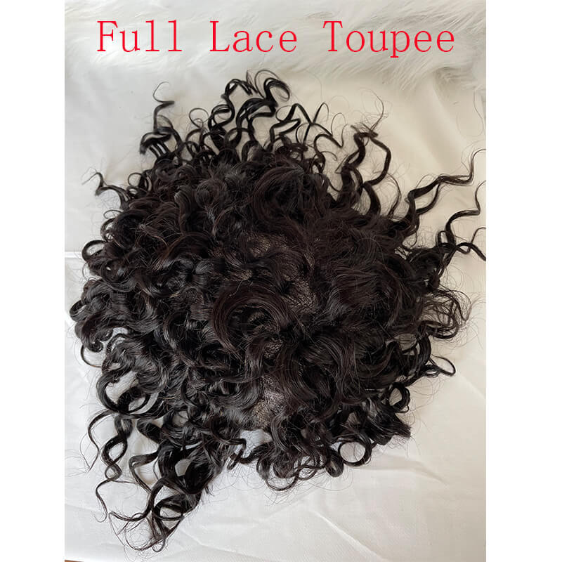 Toupee For Men Full French Lace Hairpiece Replacement System #1B Off Black 10X8 Loose Curly