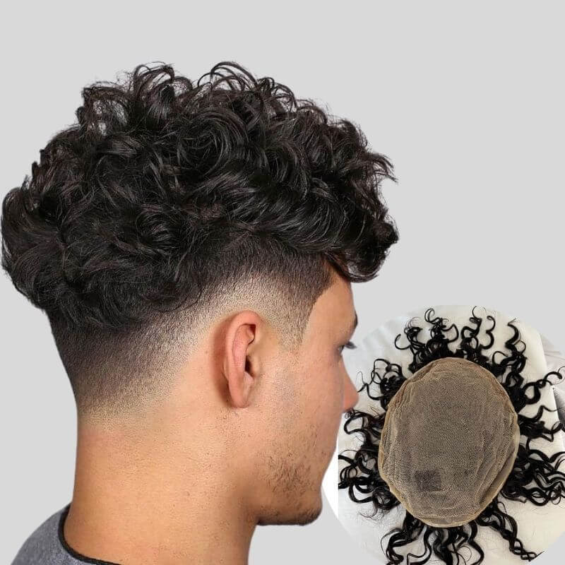 Toupee For Men Full French Lace Hairpiece Replacement System #1B Off Black 10X8 Loose Curly
