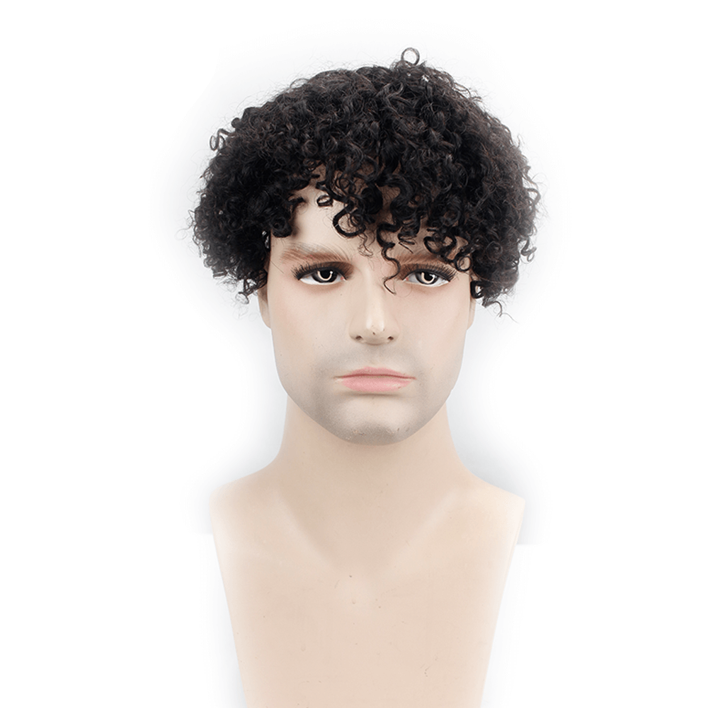 Toupee For Men Hair Replacement With Soft Skin Swiss Lace Kinky Curly PU  Hairpiece For Men 100% Remy Human Hair Colo 1B