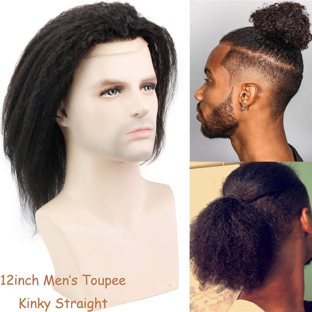 Human Hair Replacement for Men Kinky Straight Stock Toupee Mono Lace and PU Around with Swiss Lace Front 10x8 Base size12inches