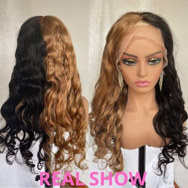 Human Hair Half Black Half Blond Color Lace Front Wig,Ombre & Colored