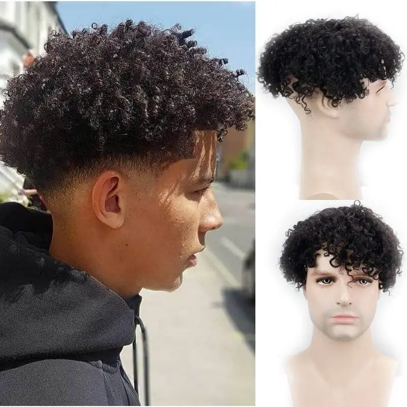 Toupee For Men Hair Replacement With Soft Skin Swiss Lace Kinky Curly PU  Hairpiece For Men 100% Remy Human Hair Colo 1B
