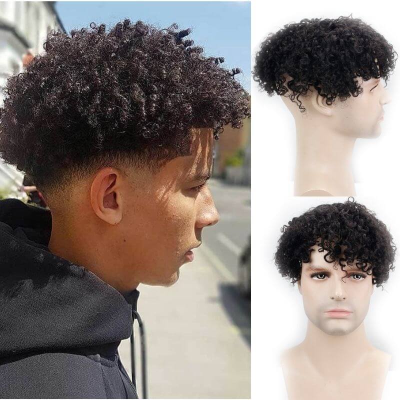 Toupee For Men Hair Replacement With Soft Skin Swiss Lace Kinky Curly PU  Hairpiece For Men 100% Remy Human Hair Colo 1B