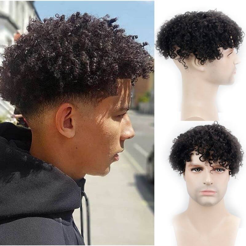 Toupee For Men Hair Replacement With Soft Skin Swiss Lace Kinky Curly PU  Hairpiece For Men 100% Remy Human Hair Colo 1B