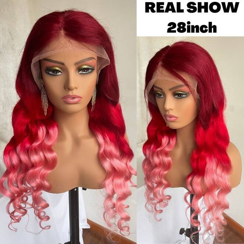 Peruvian Hair Pink Ombre Color Natural Wave Lace Front Wig