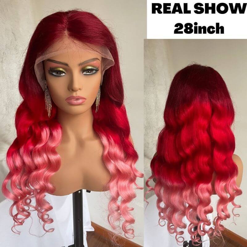 Peruvian Hair Pink Ombre Color Natural Wave Lace Front Wig