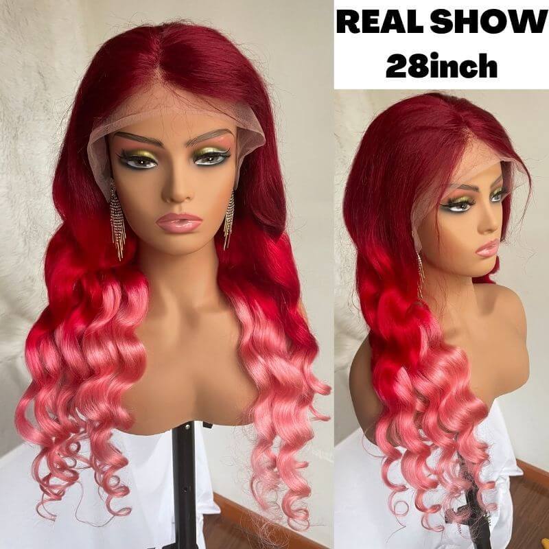 Peruvian Hair Pink Ombre Color Natural Wave Lace Front Wig