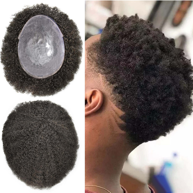 Pwigs Hairpiece Afro Toupee For Black Men Full Poly Skin Pu African American Curly Afro Wig 150% Density Toupee Hairpieces 10X8 Inch