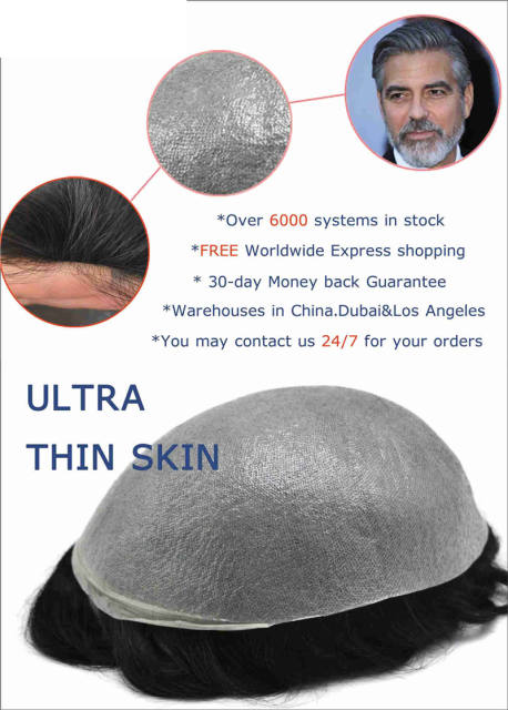 Pwigs  PU V-loop Super Thin Skin Hairpiece Ultra Thin Skin Mens Toupee Invisible Men Hair Replacement Poly Disposable Hairpiece Natural Hairline
