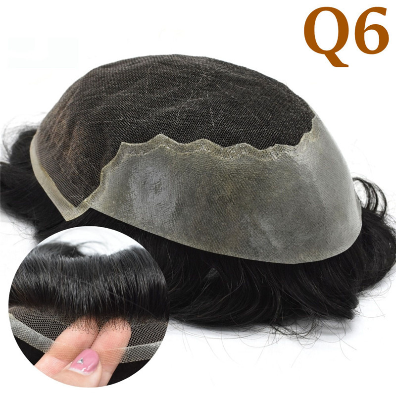 Pwigs Q6 Base for Men French Lace Front Mens Toupee Poly Lace Skin Hair System Mens Hairpiece Front Bleached Knot Natural Hairline Wig
