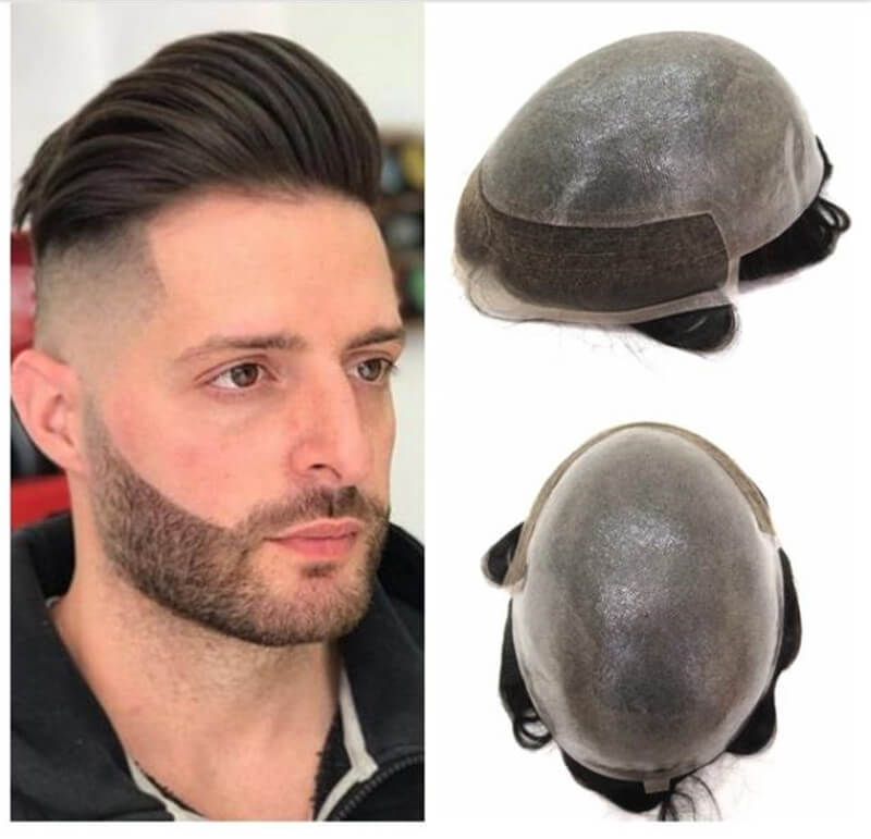 Pwigs Hairpiece Men'S Toupee Hair Replacement System Bleach Knot Natural Hairline Hairpiece Thin Skin Black Human Hair Poly Toupee