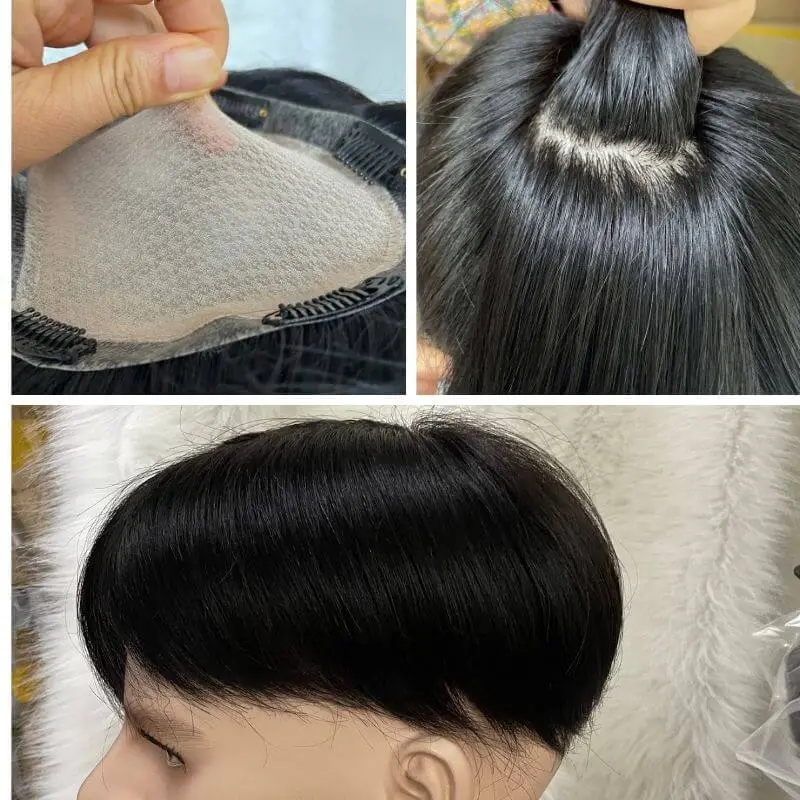 Pwigs Toupee For Men Silk Base Toupee Real Human Hair Replacement System For Men Hair pieces Natural Hairline Clip in Crown 1B Color