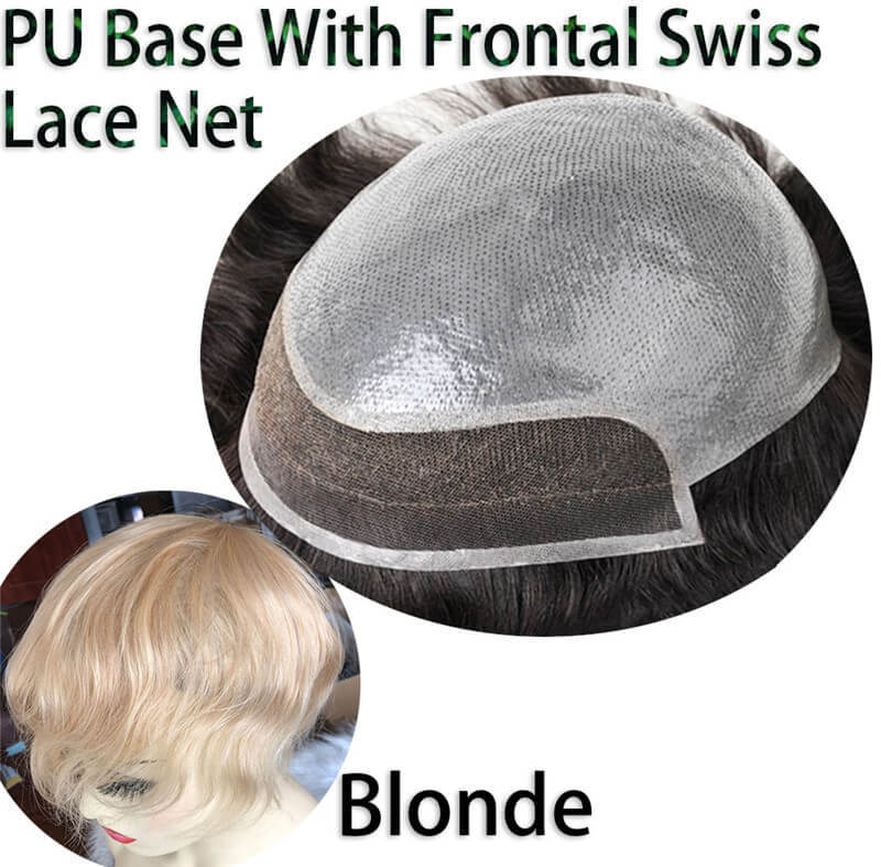 Men's Toupee Hairpieces Replacement System For Men PU Base With Frontal Swiss Lace Net 100% Virgin Human Hair 10x8 "Base Size 4TBlonde Color