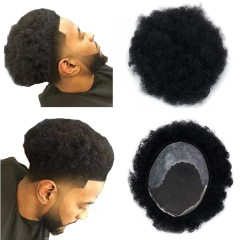 8x10 Human Hair Men's Toupee Afro Curl Lace Front With PU Back Color 1B