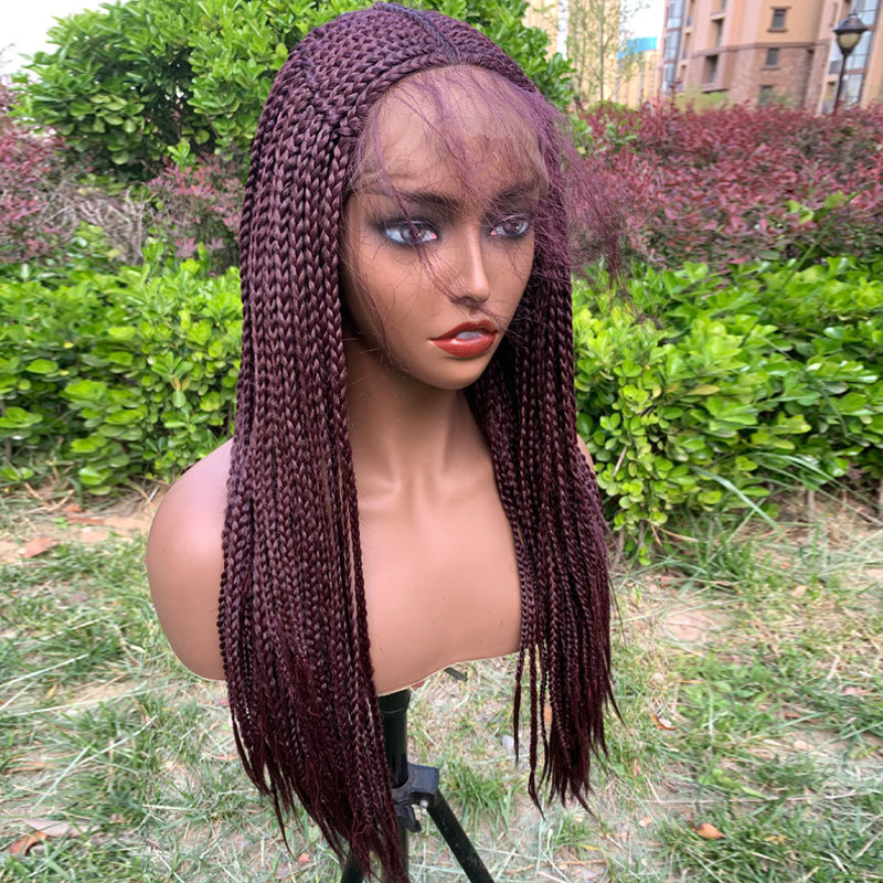 24 Inches 99J Red Wig Synthetic Braids Wigs 13X6 Lace Front Wig Middle Part Wig Parted Loc Braided Wigs With Curly Ends For Women