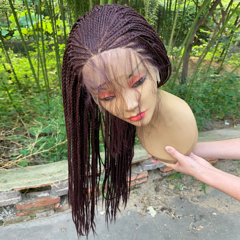 Pure Handmade Box Braided Synthetic Hair Micro Braids Wig For Sale Lace Front Wigs With Baby Hair For Women Burgundy Color