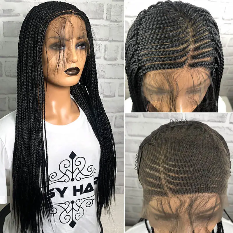 24" Braided Wigs Synthetic Lace Front Wigs Side Part Cornrow Braids Wig With Baby Hair For Black Women Box Braid Wigs