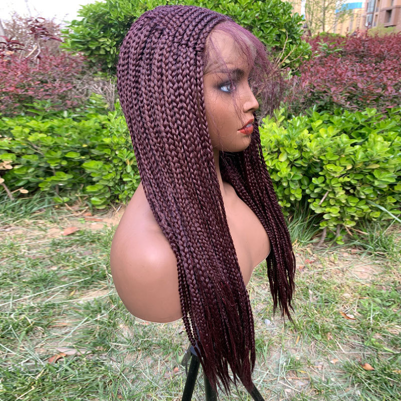 24 Inches 99J Red Wig Synthetic Braids Wigs 13X6 Lace Front Wig Middle Part Wig Parted Loc Braided Wigs With Curly Ends For Women