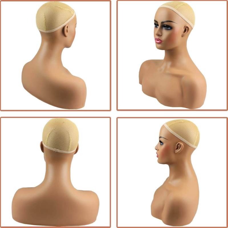 Realistic Female Mannequin Head with Shoulder Manikin PVC Head Bust Wig Head Stand for Wigs Display Making,Styling,Sunglasses,Necklace Earrings