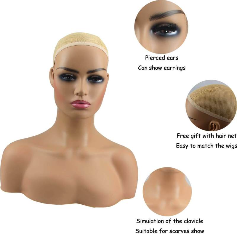 Realistic Female Mannequin Head with Shoulder Manikin PVC Head Bust Wig Head Stand for Wigs Display Making,Styling,Sunglasses,Necklace Earrings