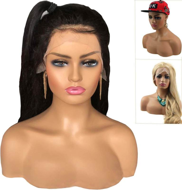 Realistic Female Mannequin Head with Shoulder Manikin PVC Head Bust Wig Head Stand for Wigs Display Making,Styling,Sunglasses,Necklace Earrings