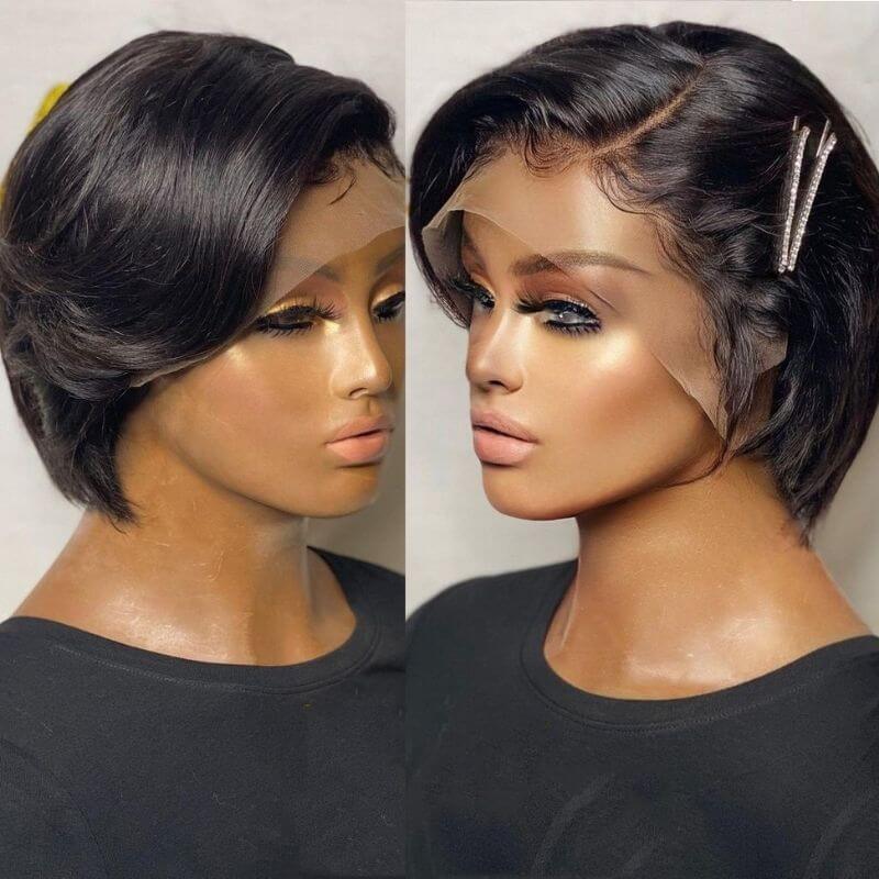 Short Pixie Cut Wig Short Bob Hair Wigs J part Transparent Lace Human Hair Wigs 150 Desnity Remy Hair For Women