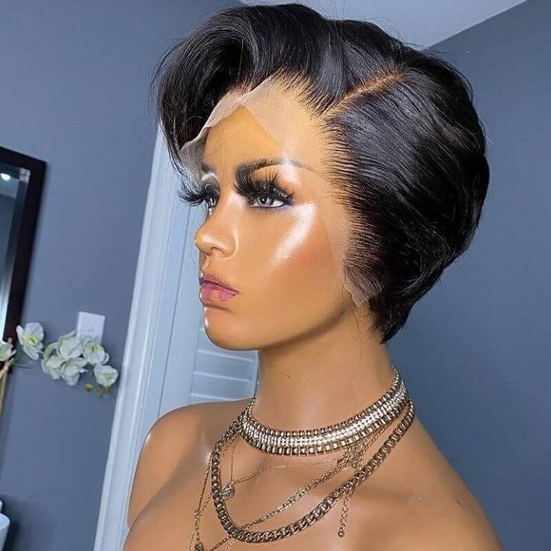 Short Pixie Cut Wig Short Bob Hair Wigs J part Transparent Lace Human Hair Wigs 150 Desnity Remy Hair For Women