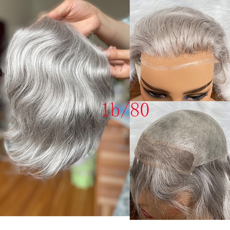 Toupee for Men 100% Human Hair Swiss Lace Front Hair Pieces PU V-looped Men's Hair Replacement System 1B Mixed 80% Grey Hair