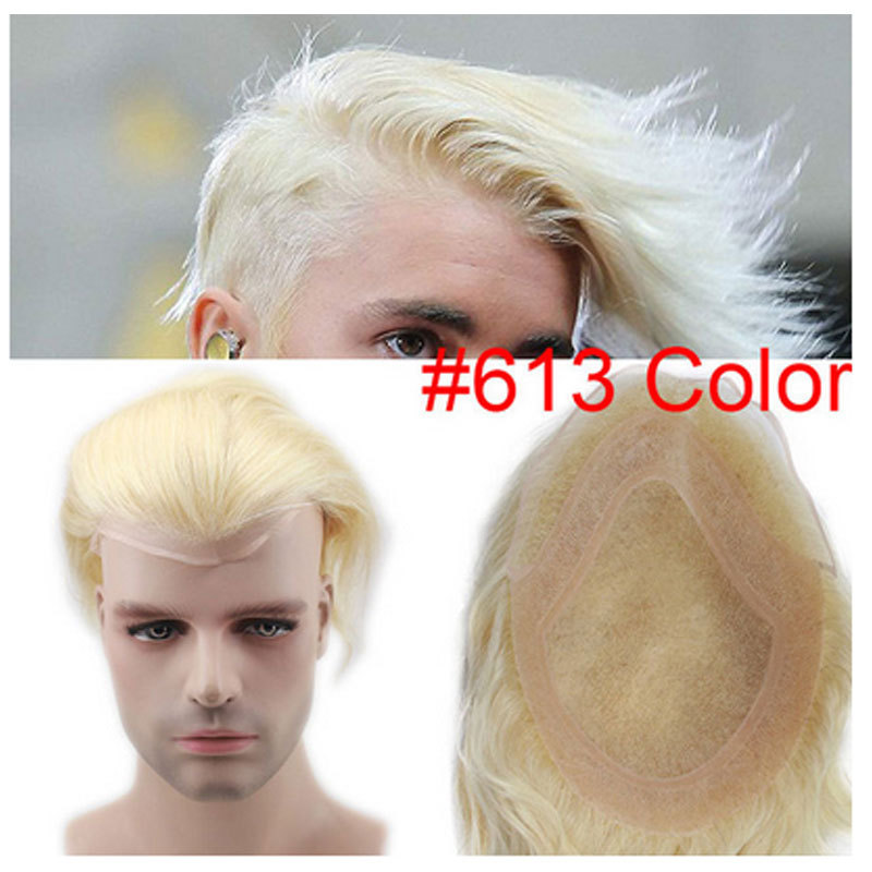 Men's Toupee 10"x8" Human Hair Thin Skin Hairpiece Hair Replacement Wigs Mono Lace Net Base for Men #21 Ash Blonde Color