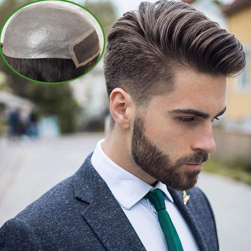 Toupee for Men 100% Human Hair Swiss Lace Front Hair Pieces PU V-looped Men's Hair Replacement System 1B Mixed 80% Grey Hair
