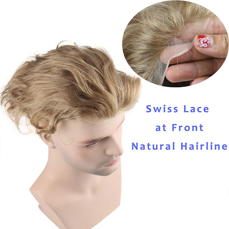 Men's Toupee 10"x8" Human Hair Thin Skin Hairpiece Hair Replacement Wigs Mono Lace Net Base for Men #21 Ash Blonde Color