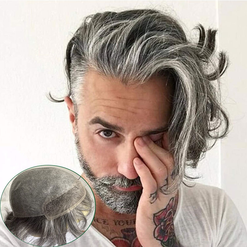 Toupee for Men 100% Human Hair Swiss Lace Front Hair Pieces PU V-looped Men's Hair Replacement System 1B Mixed 80% Grey Hair