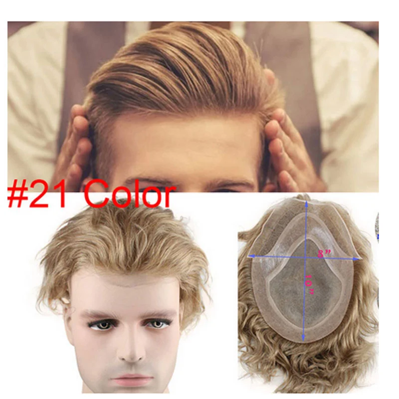 Men's Toupee 10"x8" Human Hair Thin Skin Hairpiece Hair Replacement Wigs Mono Lace Net Base for Men #21 Ash Blonde Color