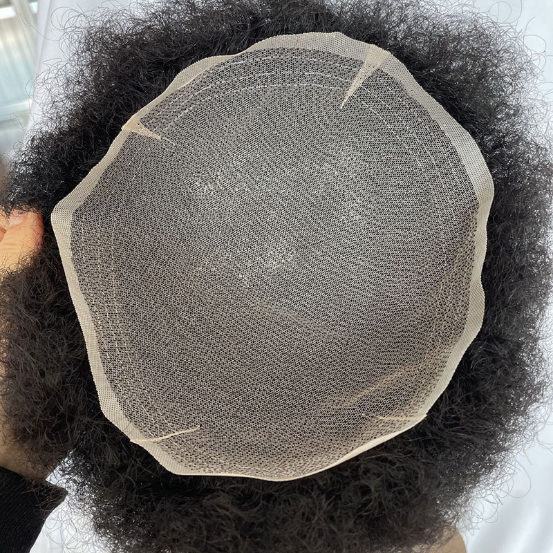 Pwigs Hairpiece Afro American 100% Human Hair System French Lace Natural Hairline Injected Pu Skin With Breathable Holes Layered Lace Top Afro Curly