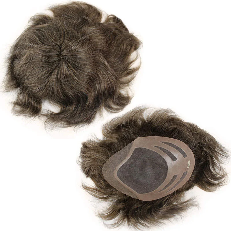 Wholesale Toupee For Man's Hair Replacement System Wigs With Soft Thin 10"X 8" Mono Lace Hairpiece 90% #5 Brown Human Hair Mixed 10% Grey Hair