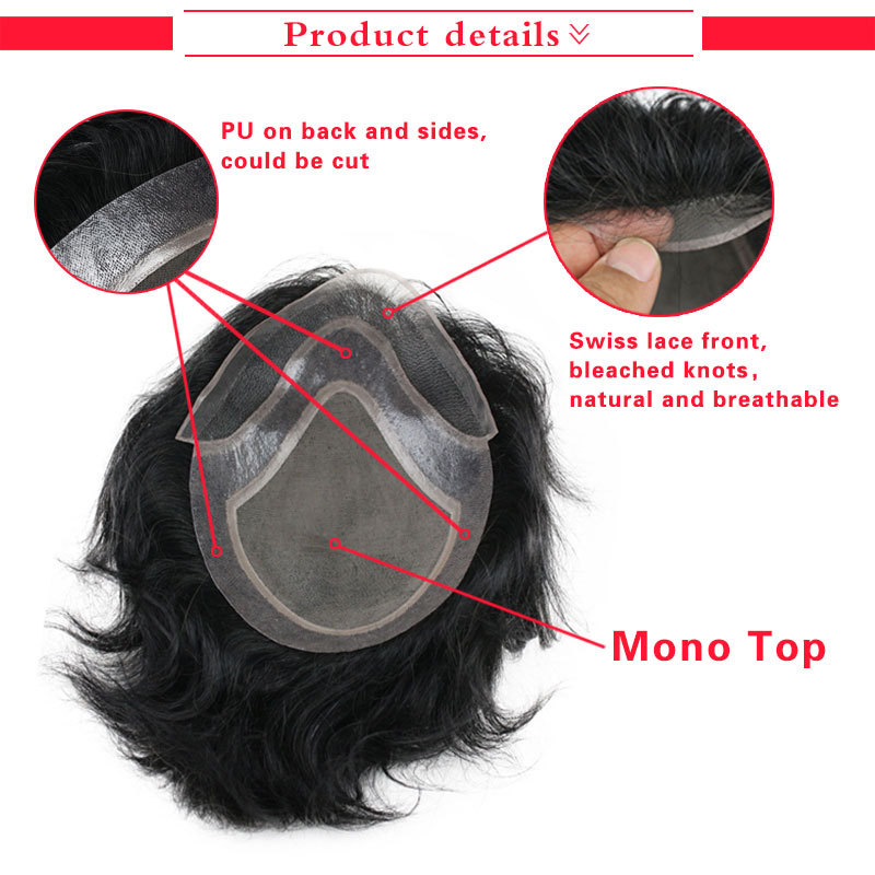 Pwigs 100% European Virgin Human Hair Toupee for Men with Soft Thin Super Mono Lace 10" x 8" Straight hair pieces #1b Off black Color