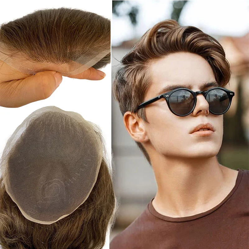 Pwigs Hairpiece Full French Lace Mens Toupee Bleached Knots Men Toupee Human Hair Wig Indian Remy Hair System Breathable 8x10 Toupee 18# Color