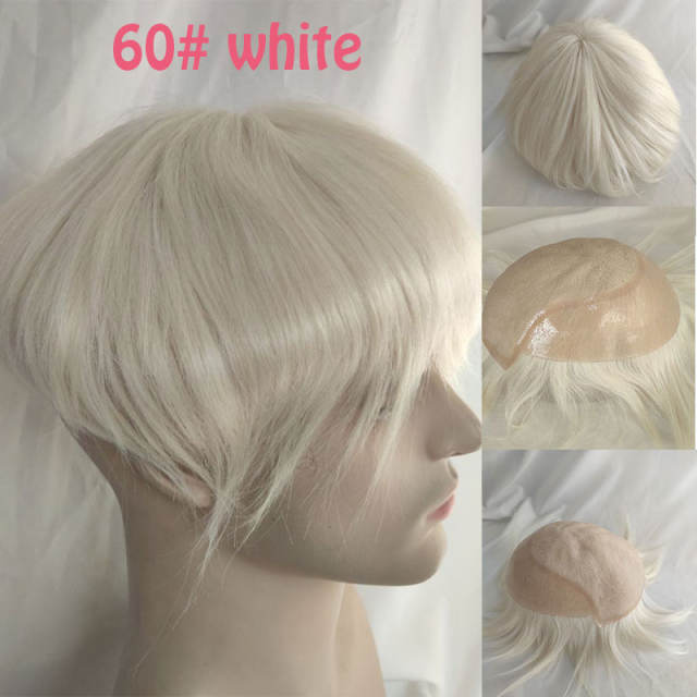 Pwigs Q6 Base for Men French Lace Front Mens Toupee Poly Lace Skin Hair System Mens Hairpiece Front Bleached Knot Natural Hairline Wig