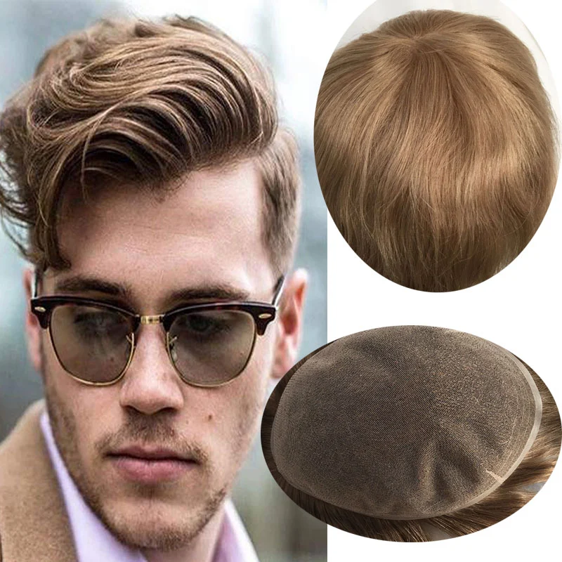 Pwigs Hairpiece Full French Lace Mens Toupee Bleached Knots Men Toupee Human Hair Wig Indian Remy Hair System Breathable 8x10 Toupee 18# Color