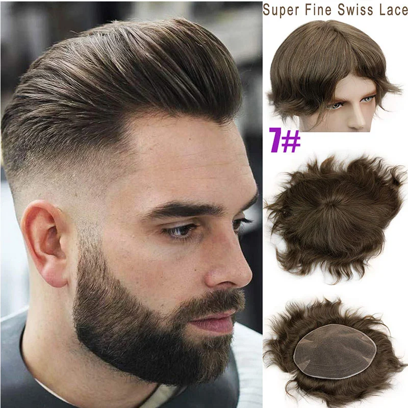 Pwigs Hairpiece Full French Lace Mens Toupee Bleached Knots Men Toupee Human Hair Wig Indian Remy Hair System Breathable 8x10 Toupee 18# Color