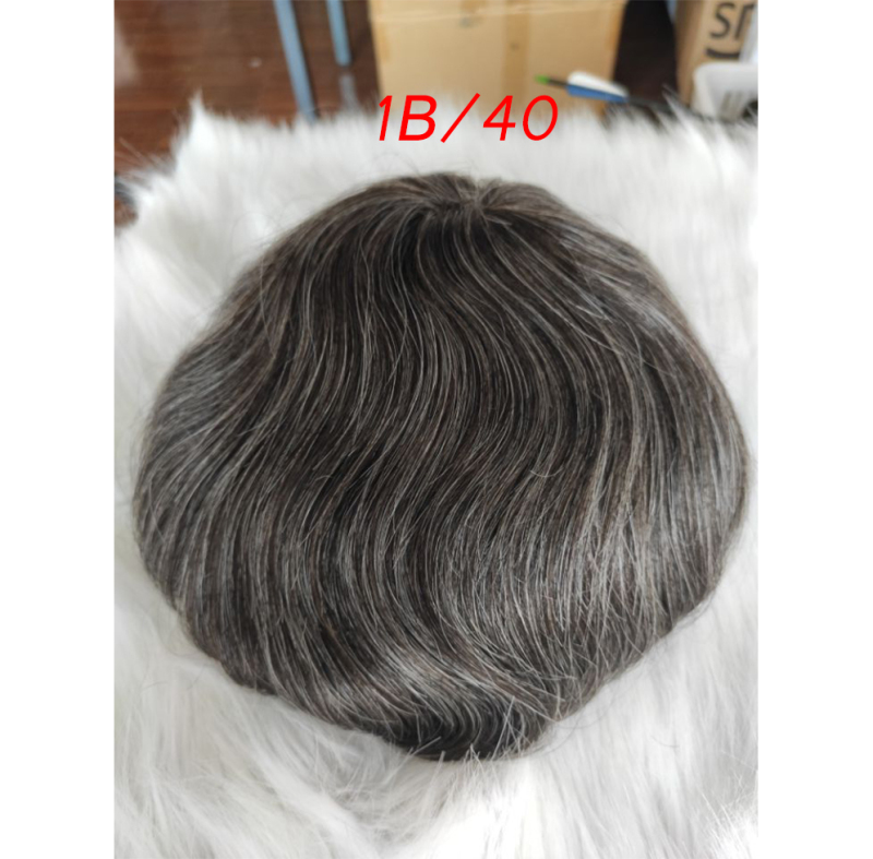 Pwigs Hairpiece Men'S Toupee Hair Replacement System Bleach Knot Natural Hairline Hairpiece Thin Skin Black Human Hair Poly Toupee